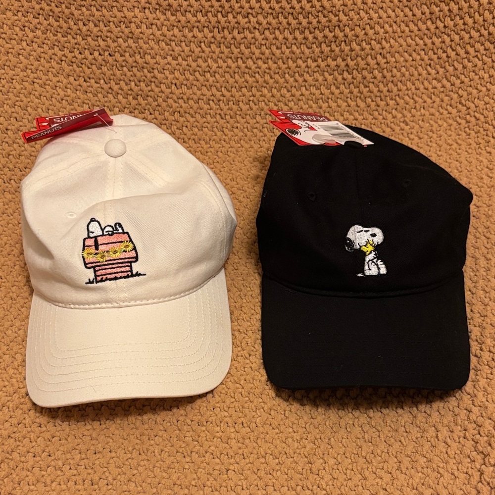 Two Snoopy Embroidered Baseball Caps - White & Black